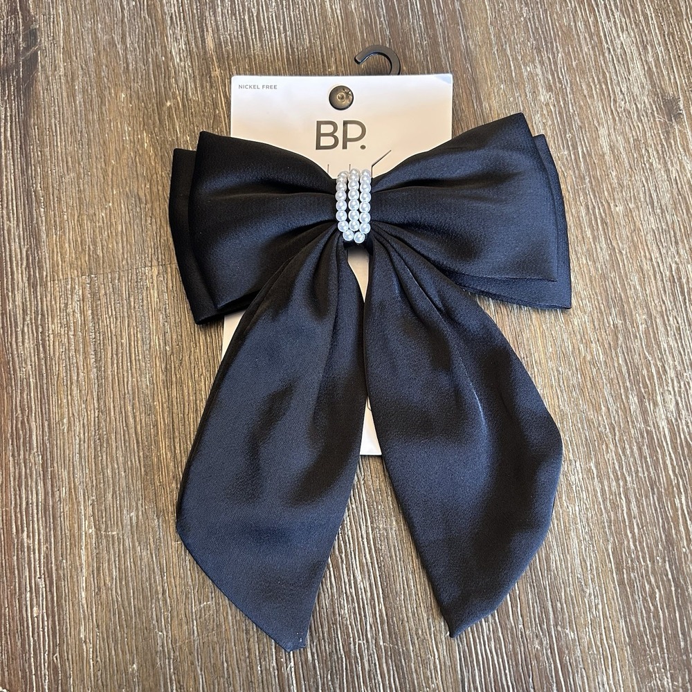 New BP Black‎ Satin And Faux Pearl Bow Hair Clip Barrette Large